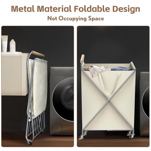 Foldable Metal Laundry Basket with Wheels, 2-Section Rolling Laundry Hamper, 37 Gallons (140L), Removable Liner, Steel Frame with Wooden Handle, Cream White - color: Cream White