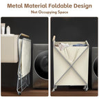 Foldable Metal Laundry Basket with Wheels, 2-Section Rolling Laundry Hamper, 37 Gallons (140L), Removable Liner, Steel Frame with Wooden Handle, Cream White - color: Cream White