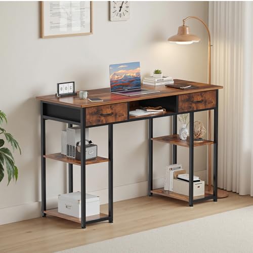 DUMOS 48" Small Computer Home Office Desk for Bedroom with Drawers, Gaming Writing Study Table with Storage Shelf, Adjustable Feet, Metal Frame Natural Brown - color: Brown, size: 48-In