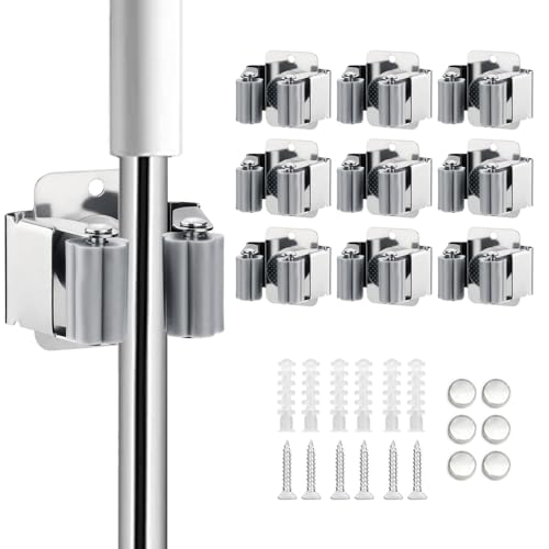 JAMEND CLXP 9PCS Broom and Mop Holder, Heavy Duty Garden Tool Organizer Rack Rake and Shovel Handle, Stainless Steel Mop Hanger. Screws for Wall Mounted. Silver. - color: Silver, size: 9