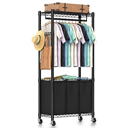 Hodonas Rolling Laundry Basket Organizer with Wheels and Hanging Bar, Laundry Hamper Cart Laundry Sorter 3 Section, Dirty Clothes Hampers for Laundry Bedroom Bathroom w/ 3 Removable Bags, Black - color: Black