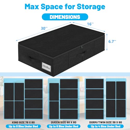 Under Bed Storage Container Bins 2 Pack, Low Profile Foldable Underbed Clothes Storage Organizer W/ Ultra Thick Fabric and Sturdy Bottom/Sides, Dual Zipper Storage Box for Dorm and Home 30x16x6.7" - color: Black-2 Pack, size: 6.7in-Space