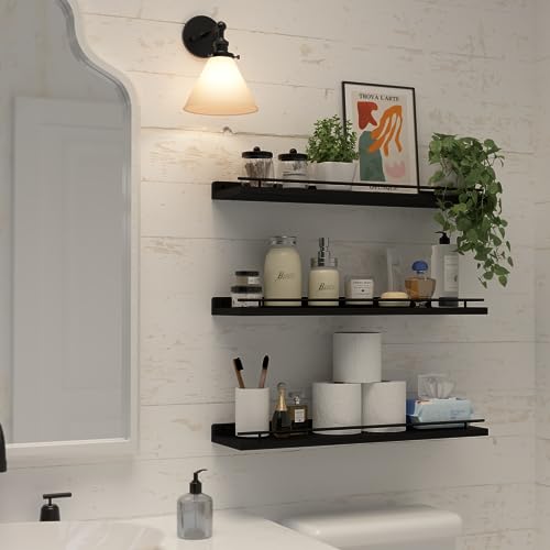 WOPITUES Floating Shelves 24 inch with Gold Metal Guardrail, Shelves for Wall Decor Set of 3, Wall Shelves for Bedroom, Bathroom, Kitchen, Living Room, Plants, Picture Frames, Art- Black - color: Black, size: 23.6 inch