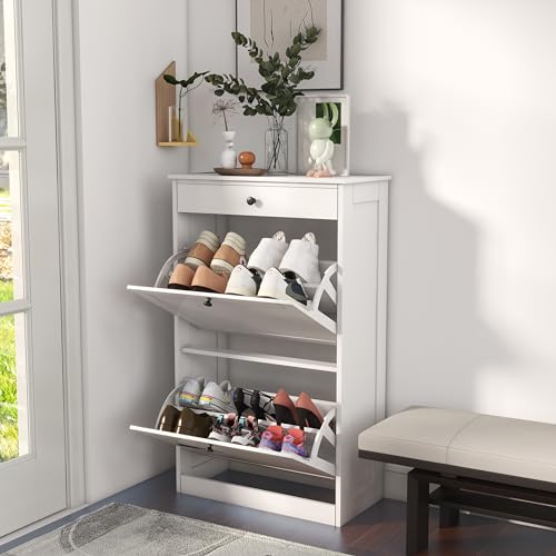 FTZxHKLX Shoe Cabinet with 2 Flip Drawers, Slim Freestanding Hidden Shoe Organizer with Drawer, Pet-Proof Shoe Storage Cabinet for Entryway Living Room Behind The Door, White - color: White, size: 1pcs
