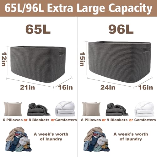JMvicyroam Woven Blanket Basket,65L Large Storage Bin for Blankets Toys Clothes,Decorative Rope Basket for Living Room Bedroom with Handles, Grey - color: Grey, size: 65L