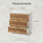 COZAYH Farmhouse 3-Drawer Nightstand, Rattan Cane Front Accent Dresser with Brass Pull, Distressed White - color: Distressed White, style: 3 Drawer/1 pack