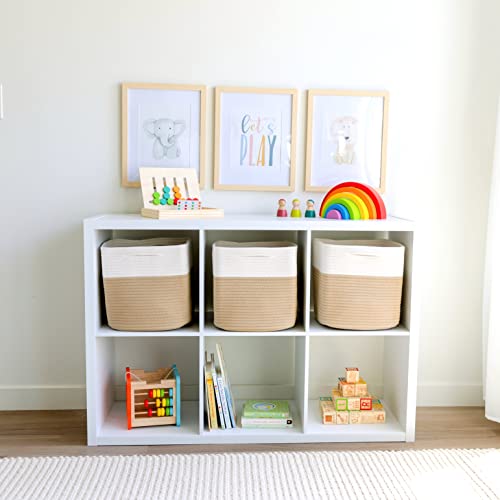 NaturalCozy Storage Cubes 11 Inch Cotton Rope Woven Baskets for Organizing, 3-Pack | Cube Storage Bin | Square Storage Baskets for Shelves Organizer, Classroom, Kids Toy Bins, Closet, Baby Nursery - color: Off White & Tan Brown