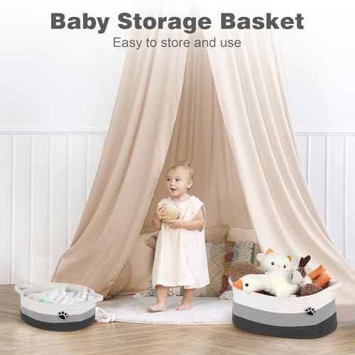 Optish Dog Toy Easter Basket, Toy Box and Bin for Dog Cat Storage, 13.5" X 11" X 5" Small Woven Rope Basket for Baby Storage, Closet, Living Room, White & Grey - color: White-Grey, size: 13.5"L x 11"W x 5"H (15L)