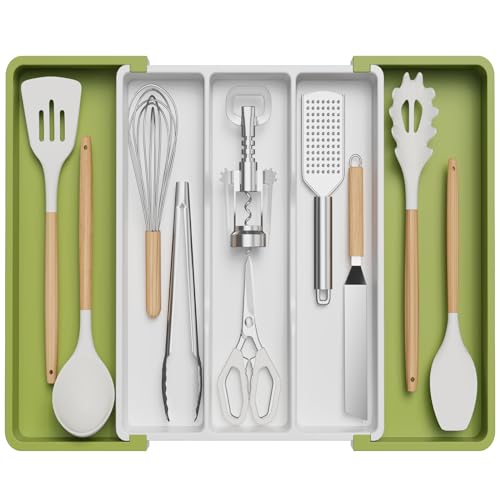Lifewit Utensil Organizer for Kitchen Drawers, Expandable Cooking Utensil Tray, Adjustable Cutlery Silverware Flatware Holder, Plastic Spatula Tools Storage Divider, 13-22 x 15", Green&White - color: Green&White, size: Large(13-22''W x 15"D)