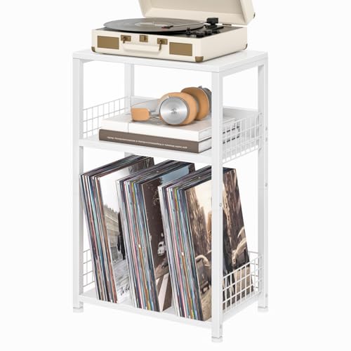 LELELINKY White Side Table with Storage, Small End Table Printer Stand for Small Spaces, Record Player Stand with Vinyl Storage, Sofa Night Stands for Living Room Bedroom - color: White, style: Upgraded