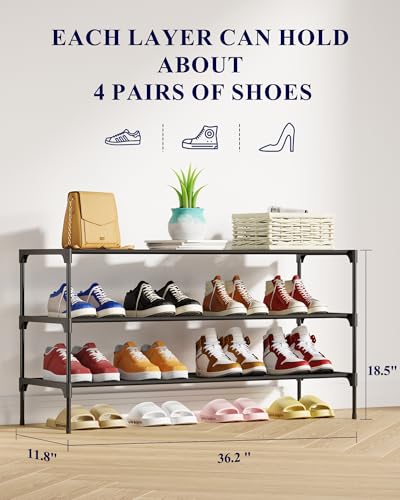 Kitsure Shoe Rack - Non-Woven Shoe Rack Shelf, Shoe Organizer for Closet, Entryway, Garage & Corridor, Stackable Shoe Shelves, 36.2" Wide - 3 Tier, Black - color: Black, size: 36.2" Wide - 3 Tier