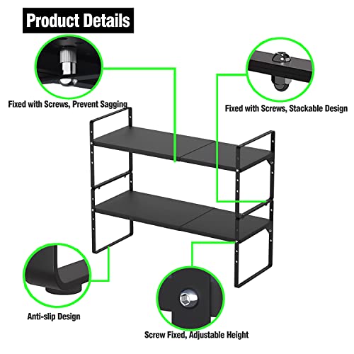 Expandable Kitchen Cabinet Storage Shelf, Stackable Metal Pantry Storage Shelves Organizer, Adjustable Height Counter Spice Rack for Kitchen Cabinet, Countertop, Pantry and Office - color: Black-1pack, size: Large - L16.5-27'' * W10.2'' * H9.6''