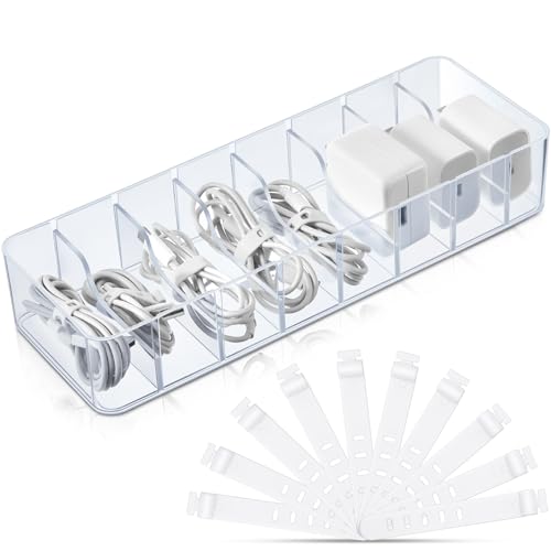 Tatuo 1 Pcs Cable Organizer with 10 Wire Ties, Plastic Cord Storage Charger Box Electronics Organizer with Adjustment Compartments Cable Storage for Drawer Home Office Desk Accessories (Clear) - color: Clear
