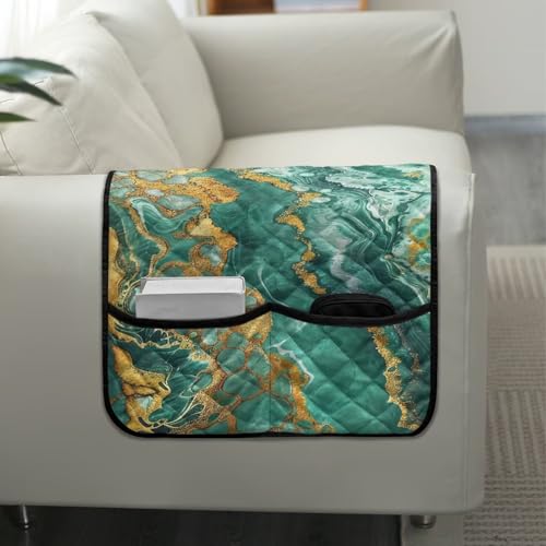 Green Gold Marble Print Sofa Arm Rest Cover Washable Armchair Slipcovers Stain Resistant Furniture Protectors 44x20 inch Couch Arm Protector - color: Green Gold Marble