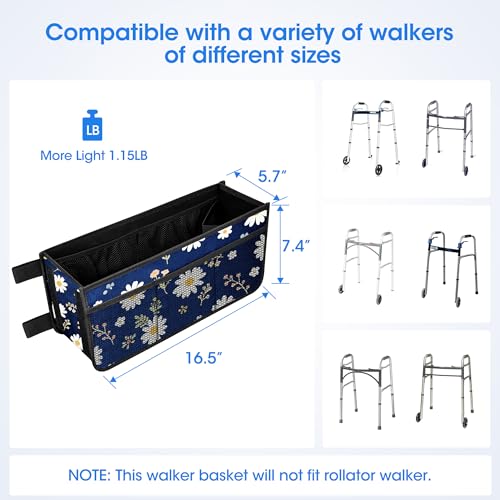 Dotday Upgraded Walker Basket with Cup Holder, Foldable Walker Bag with Large Capacity & Never Tipping Over- Not Fit for Rollator - color: Blue