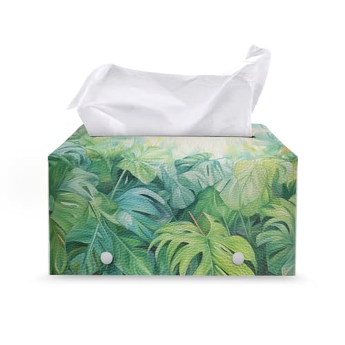 Green Palm Leaves Leather Tissue Box Cover PU Leather Facial Tissue Tissue Box Cover Rectangle Square Leather Tissue Cover Decorative Organizer for Bathroom Vanity Countertop - color: Green Palm Leaves