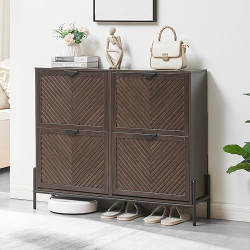 Shoe Cabinet Storage with 4 Flip Drawers, Narrow Hidden Shoes Organizer Cabinet for Entryway, Freestanding Slim Shoe Rack Front Door Entrance(Brown) - color: Brown, size: Large