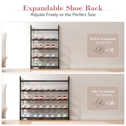 Bumusty 5-Tier Expandable Shoe Rack for Closet, 18“-33” Adjustable Shoe Rack for Small Space, Small Shoe Organizer for Front Door, Sturdy Metal (Black) - color: Black, size: 5-Tier