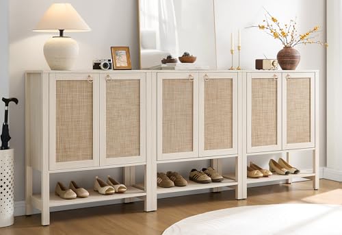 SICOTAS Shoe Cabinet with Storage - 3 Pieces Farmhouse Shoe Organizer with Rattan Doors & Shelves, 5 Tier Free Standing Shoe Rack Storage Cabinet for Entryway, Living Room, Closet (White Cream Oak) - color: White Cream Oak, size: 3 Pieces
