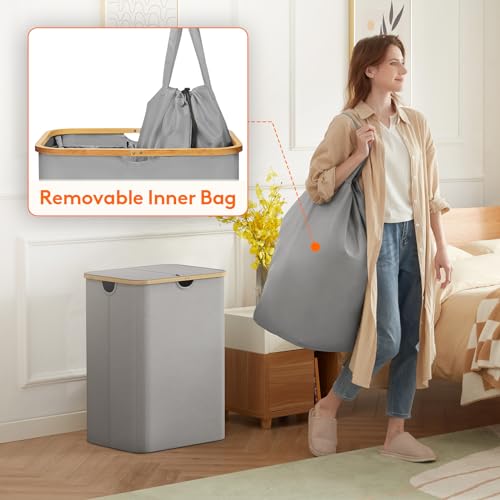 Lifewit 150L Laundry Basket with Lid, Clothes Hampers for Laundry with Bamboo Handles and 2 Removable Laundry Bags, Large Foldable Laundry Hamper for Bedroom, Bathroom, Dorm, Laundry Room, Sliver Gray - color: Silver Grey, size: 150L
