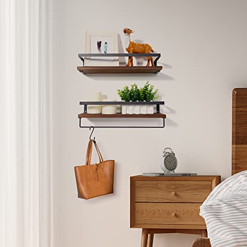Uten Floating Shelves, Wall Shelf Outdoor, Bathroom Shelves for Wall, Towel Holder 8 Hooks, Kitchen Spice Rack, Storage Organiser Shelf for Bedroom, Bathroom, Living Room, Office - color: Mid Brown