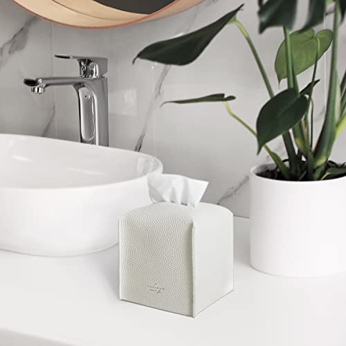 Carrotez Tissue Box Cover, Refined Modern PU Leather Square Holder - Decorative Holder/Organizer for Bathroom Vanity Countertop, Night Stands, Office Desk & Car 5"X5"X5" White - color: White, size: [Square]