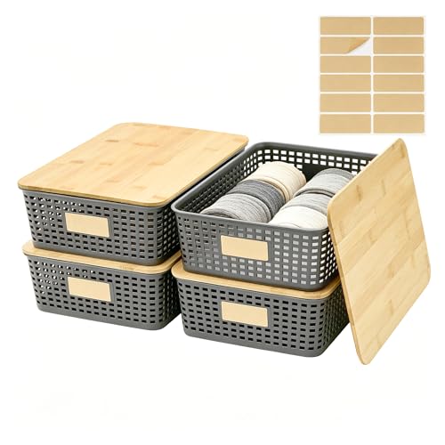 Bagnizer 4 Pack Plastic Storage Bins with Bamboo Lids, 6.2qt Stackable Storage Organizer Box with Lable for Pantry Shelves Drawers Desktop Office, 12"L x 8.5"W x 3.5"H, Gray - color: Gray, size: Shallow- 4 Pack
