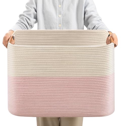 danpinera Woven Rectangle Storage Basket, Large Blanket Basket for Living Room,Kids Room, Storage Bin Box with Handle for Pillows, 22’’*17’’*11.8’’, 72L, White/Pink - color: White+Pink, size: 72L