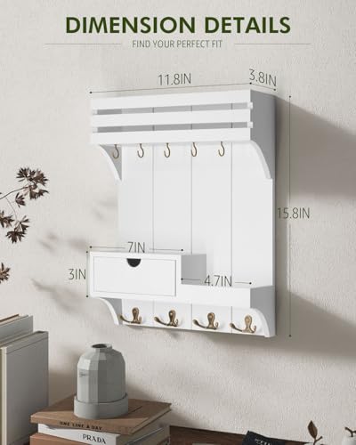 Rebee Vision Decorative Key Holder Wall Mount for Home Decor - Stylish Mail Organizer with 9 Key Hooks and Mini Drawer Organizer for Apartment Essentials - Room Decor Aesthetic (White) - color: White, style: Small Drawer