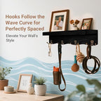 Key Holder for Wall with Shelf, Decorative Wave Design Mail Organizer Wall Mounted with 4 Double Hooks for Keys, Coats, Dog Leash, Wooden Key Rack for Entryway, Hallway, Home Decor (Black)