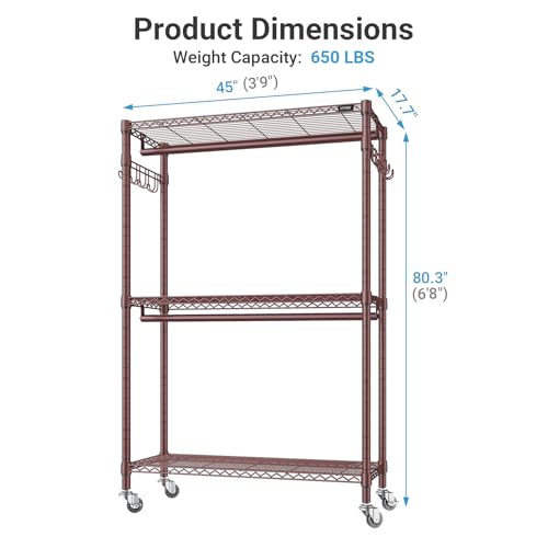 VIPEK R2 Plus Rolling Clothes Rack for Hanging Clothes Heavy Duty Clothing Rack 3 Tiers Adjustable Metal Wire Shelving Garment Racks with Side Hooks, Closet Organizers and Storage Wardrobe, Bronze - color: Bronze, size: R2 Plus