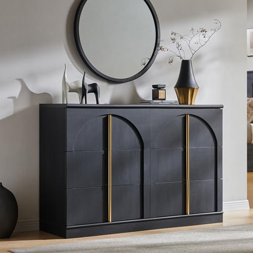 ACCOHOHO Arched Dresser for Bedroom with 6 Drawers, 47.3" Wide Modern Chest of Drawers with Rounded Edge & Metal Handles, Wood Storage Closet Dressers TV Stand for Living Room, Hallway, Black - color: Black, size: 15.6"D x 47.3"W x 32"H (6 Drawers)