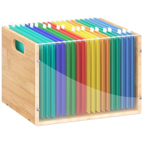 Sbanmao Clear Acrylic File Box Organizer, Bamboo Hanging Folder Storage Boxes, Filing Crate Bin Holder with Handle for Home Office Desk, Letter Size - color: Clear, Natural, size: Letter Size