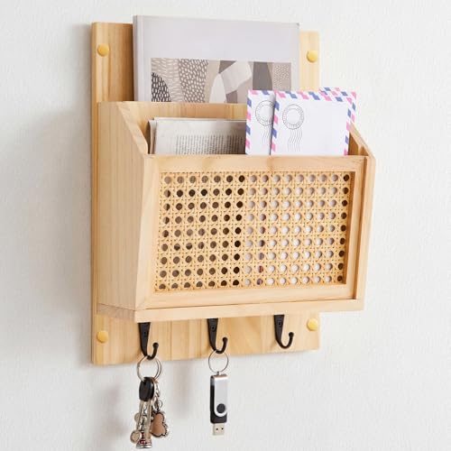 Rattan Mail and Key Holder Wall Mounted, Wood Magazine Mail Sorter Rack Wall Organizer with 2 Slots 3 Hooks for Coat, Dog Leash, Decorative Key Rack for Entryway,Living Room(Natural)