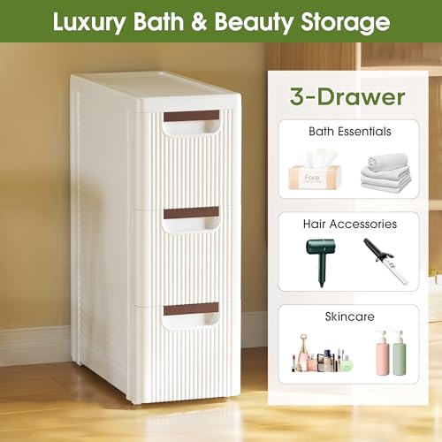 3 Drawers Narrow Storage Cabinet, Slim Bathroom Storage Cabinet, Plastic Rolling Cart Organizer for Small Spaces, Laundry, Office, Home, White - size: 3 Drawer