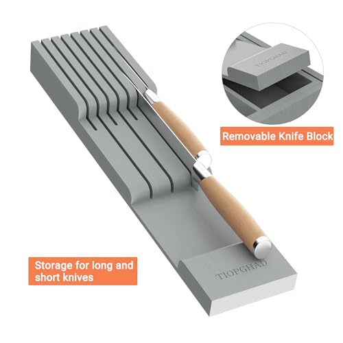TIOPGHAD Bamboo-Silverware-Drawer-Organizer-Kitchen, Expandable Utensil Holder Cutlery Tray Flatware Organization Adjustable Wood Tableware Dividers Storage (with Removable Knife Block)(Grey) - color: Grey, size: Large