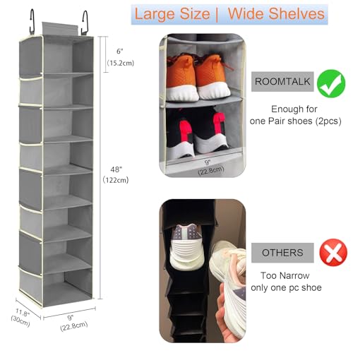 2 Pack Large-Sized Hanging Shoe Organizer 8-Shelf, Hanging Closet Organizer with 8 Side Pockets, Wider Hanging Shelves for Storage Shoes Clothes 9" W × 11.8" D× 48" H, Grey. - color: Grey - 2 Pack, size: 2 pack