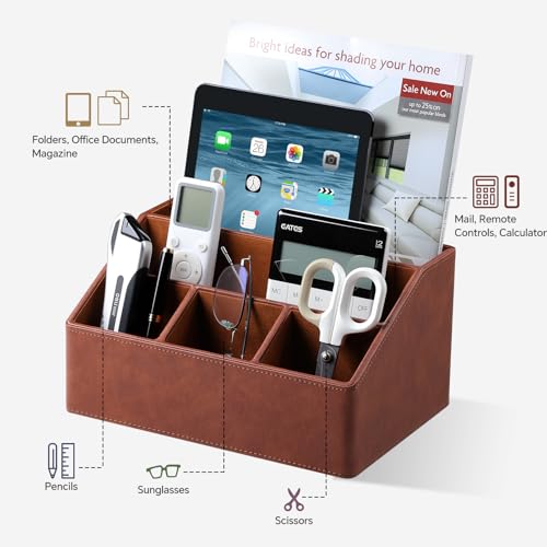 Remote Control Holder with 5 Compartments for Office Art Supplies, PU Leather Nightstand Organizer Pencil Pen Desk Caddy for Home, Desktop TV Remote Control Organizer Storage (Brown) - color: Brown