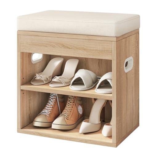 YMYNY Small Shoe Storage Bench with Cushion and Drawer, 2 Tier Adjustable Entryway Bench with Storage, Wooden Shoe Rack Bench for Entryway, Living Room, Hallway, Bedroom, Light Natural, HSC002R - color: Light Natural