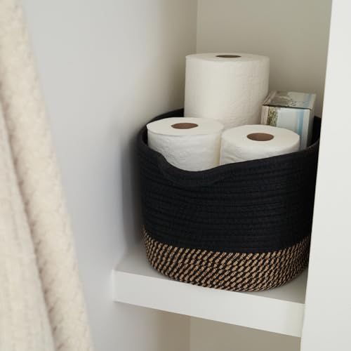 Stylish Cotton Rope Storage Basket For Dog Toys, Magazines or Books - The Perfect Woven Bin with Handles For Everyday Organization Reduces Clutter in Your Rooms - A Decorative Gift & Storage Box - color: Black