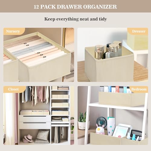 Dresser Drawer Organizers, Drawer Organizer Clothes Set for Nursery, Closet, Bedroom-12 Pack Foldable Fabric Drawers Organizer Storage Dividers for Sock, Bra, Lingerie, Undies, Baby Clothes, Beige
