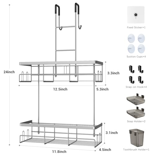 Aitatty Hanging Shower Caddy Over Door: Silver Rustproof Shower Organizer over the Door - No Drilling Bathroom Rack for Inside Shower - color: Silver