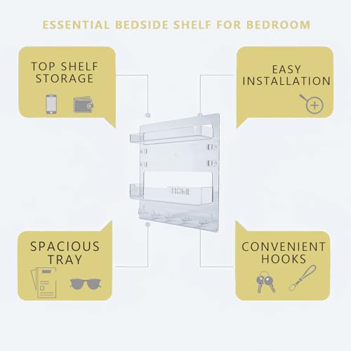 Bedside Shelf with Nanotape, No Drill Wall Mounted Organizer for Phone & Remote, Floating Charging Shelf for Dorm, Apartment, RV, Small Space Bedroom Decor for College Girl,Clear