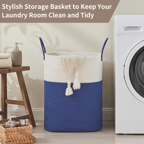 AINUOQI Laundry Basket with Handles - Blanket Basket & Hampers for Bedroom Aesthetic, Laundry Hamper & Blanket Storage for Living Room, Clothes Hamper, Tall, Large 17" x 14" x 23”, White & Dark Blue - color: White & Dark Blue, size: 85L