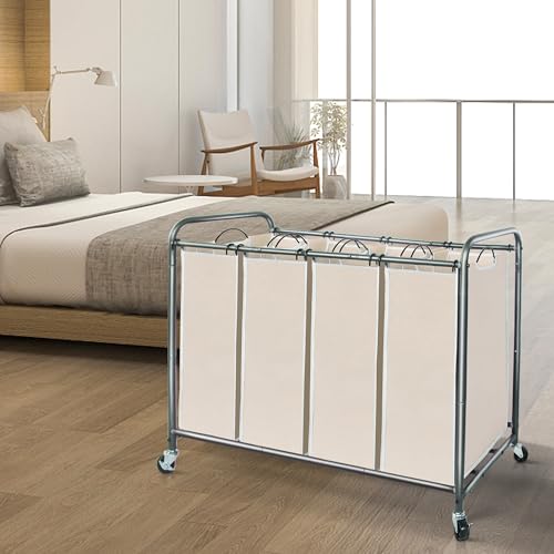 STORAGE MANIAC Laundry Sorter 4 Section, 47.8 Gal (181 L) Laundry Hamper with Wheels, Clothes Divider Basket Sorter, Clothes Separator Hamper Cart with Wheels and Removable Bags, Beige - color: Beige, size: 4 Section
