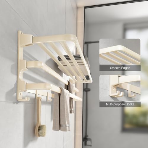 VOLDRA Towel Racks for Bathroom, 24-Inch Towel Shelf with 2 Towel Bar Foldable Towel Holder with 7 Hooks Towel Storage Organizer for Bathroom & Lavatory Wall Mounted(Milky White) - color: Milky White, size: Extra 2 towel bar