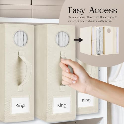 TOSORO 6 Pack Bed Sheet Organizer and Storage, Foldable Storage Bed Sheet Organizer for Linen Closet with Viewing Window & Label for Bedding Sheets & Blankets (Queen & King Size) Cream - color: Cream, size: 6 Pack