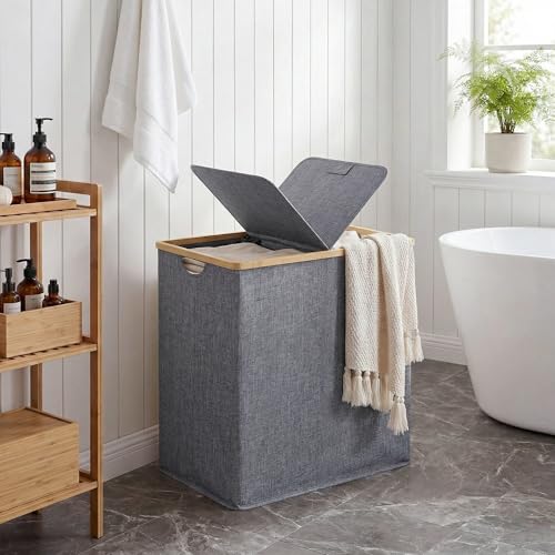 efluky Laundry Hamper with Lid, Double Laundry Hamper with 2 Removable Bags, 2 Section Laundry Basket with Bamboo Handles for Bathroom, Bedroom & Laundry Room, 140L (36.9 Gallon) Blue Grey - color: Blue Grey, size: 140L Dual