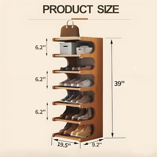 39" Bamboo Shoe Rack - Vertical Shoe Organizer Rack for Small Space, Narrow Shoe Tower for Closet, Entryway, Corner, Tall Shoe Shelf with Removable Shelves, Flexible Storage Shelf for Saving Space - color: Brown