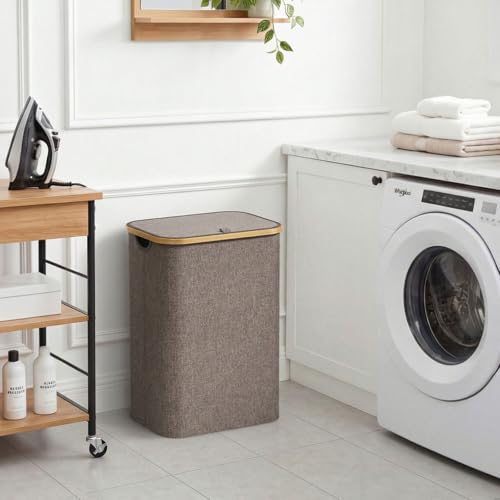 Lifewit 80L Laundry Basket with Lid, Clothes Hampers for Laundry with Bamboo Handles and 1 Removable Bag, Large Foldable Laundry Hamper for Bedroom, Bathroom, Dorm, Laundry Room, Brown - color: Brown, size: 80L